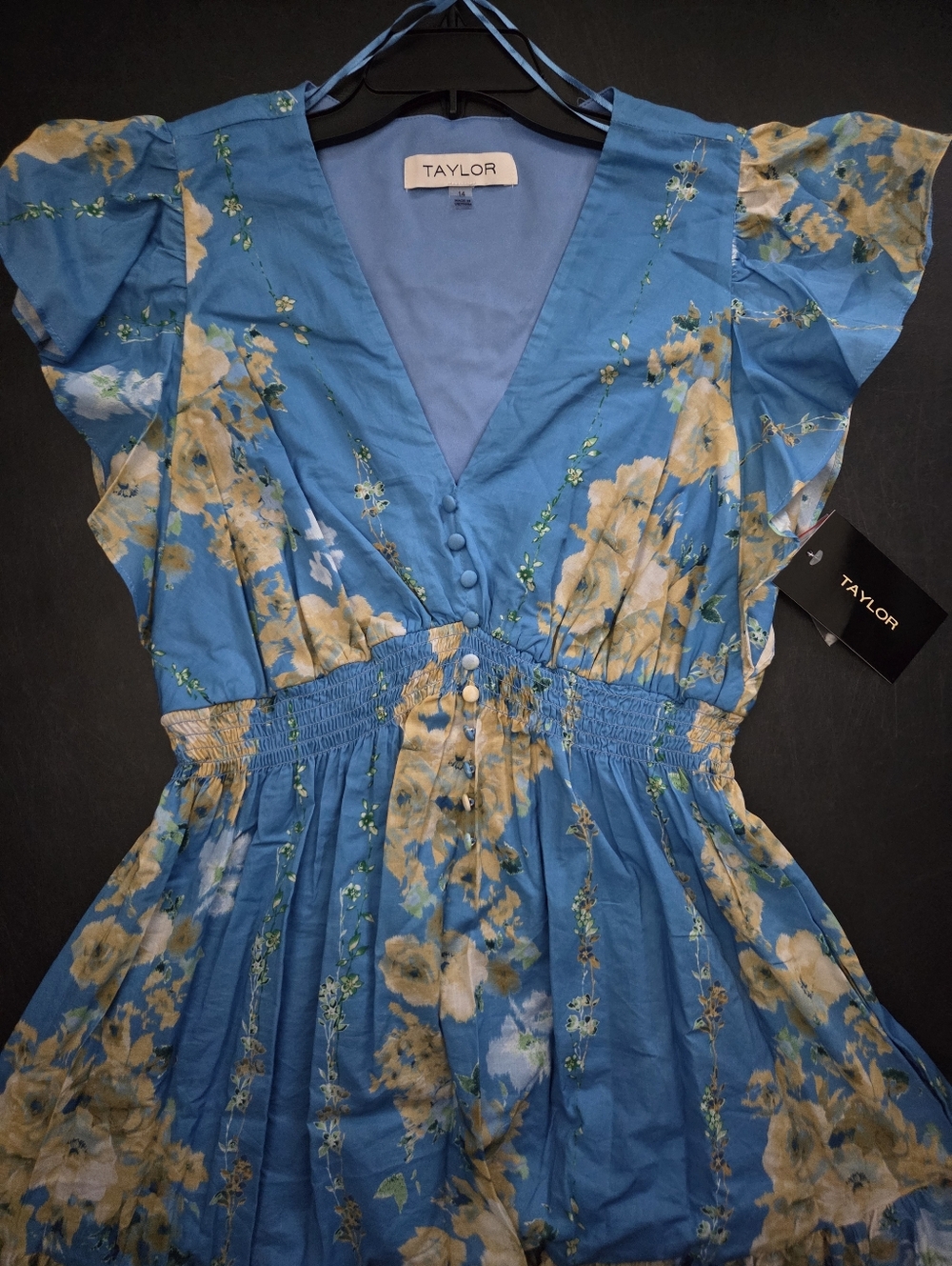 NWT - Taylor Cotton V-Neck Flutter Sleeve Blue/Yellow Floral Maxi Dress-Size 14 - Picture 7 of 10
